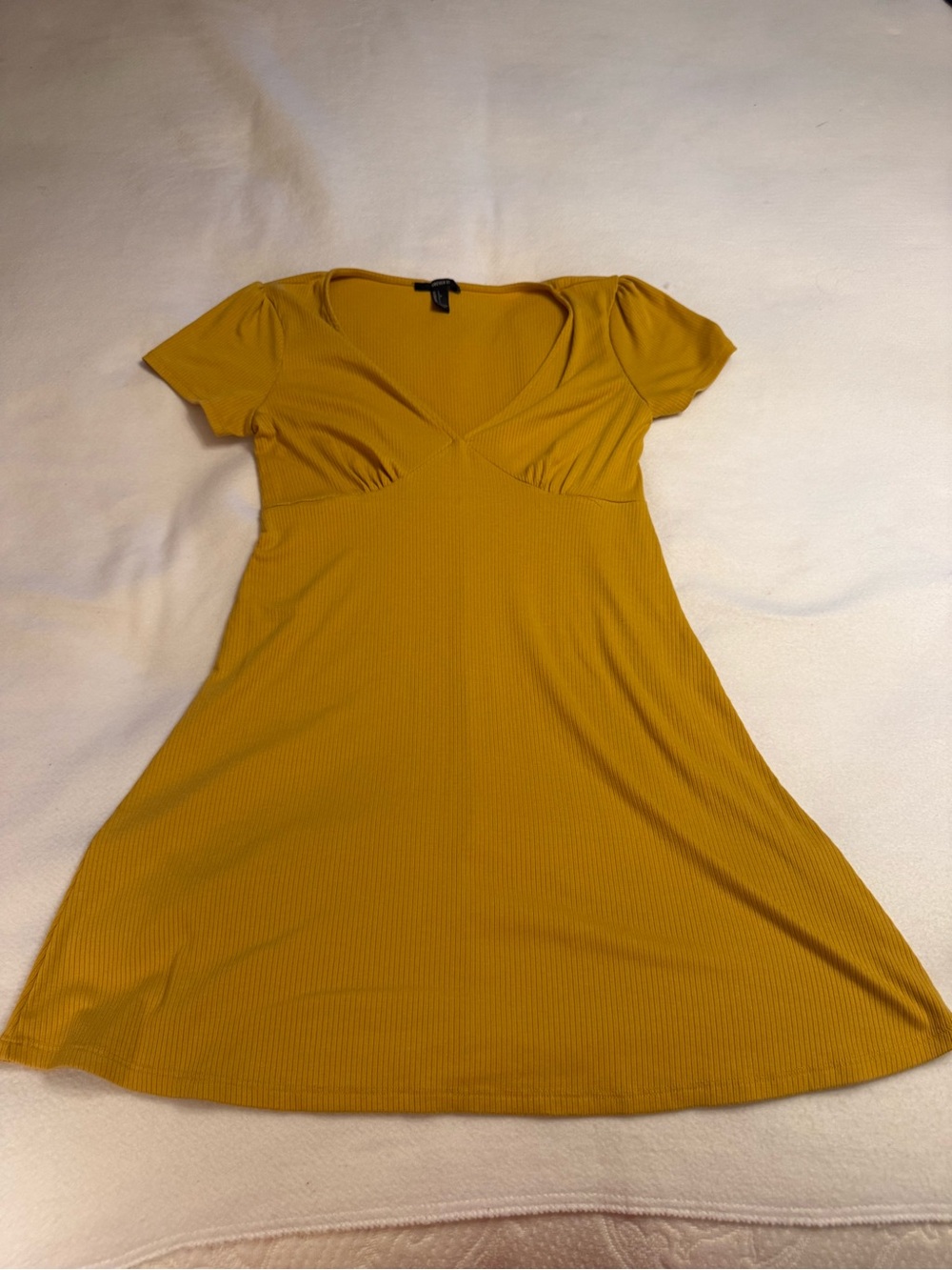 Forever 21 Mustard Ribbed Short Sleeve Fit & Flare Dress